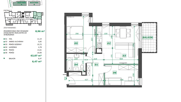 Rzut - Mieszkanie na sprzedaż 3 pokoje o powierzchni 62,39 m² - numer A.2.2 w Apartamenty Pszczyńska