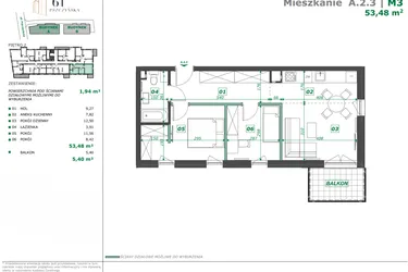 Rzut - Mieszkanie na sprzedaż 3 pokoje o powierzchni 55,35 m² - numer A.2.3 w Apartamenty Pszczyńska