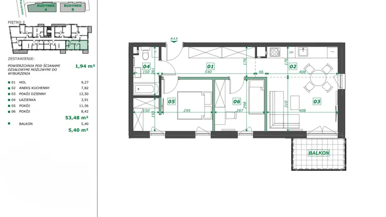 Rzut - Mieszkanie na sprzedaż 3 pokoje o powierzchni 55,35 m² - numer A.2.3 w Apartamenty Pszczyńska