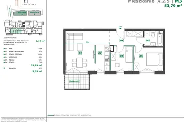 Rzut - Mieszkanie na sprzedaż 3 pokoje o powierzchni 55,36 m² - numer A.2.5 w Apartamenty Pszczyńska