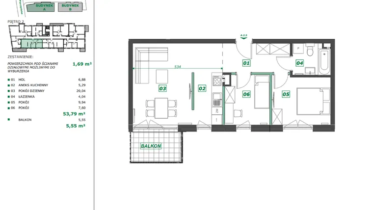 Rzut - Mieszkanie na sprzedaż 3 pokoje o powierzchni 55,36 m² - numer A.2.5 w Apartamenty Pszczyńska
