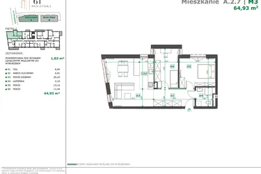 Rzut - Mieszkanie na sprzedaż 3 pokoje o powierzchni 66,41 m² - numer A.2.7 w Apartamenty Pszczyńska