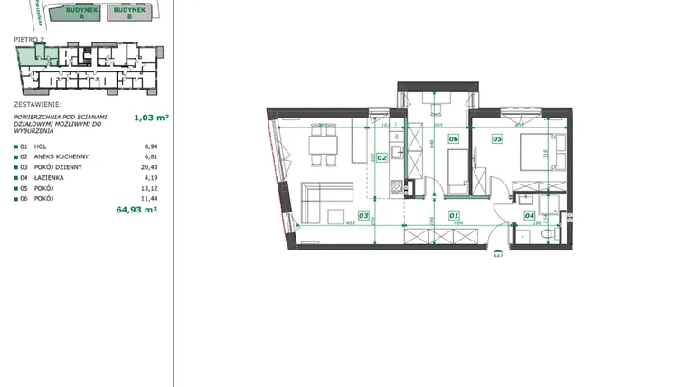 Rzut - Mieszkanie na sprzedaż 3 pokoje o powierzchni 66,41 m² - numer A.2.7 w Apartamenty Pszczyńska