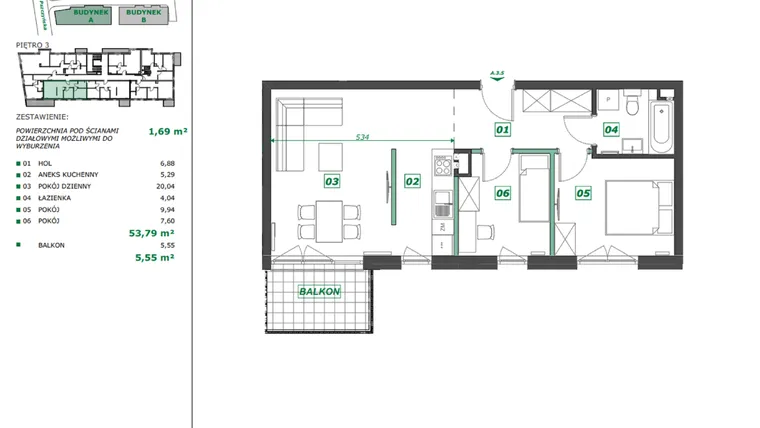 Rzut - Mieszkanie na sprzedaż 3 pokoje o powierzchni 55,55 m² - numer A.3.5 w Apartamenty Pszczyńska