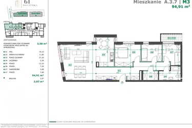 Rzut - Mieszkanie na sprzedaż 3 pokoje o powierzchni 98,54 m² - numer A.3.7 w Apartamenty Pszczyńska