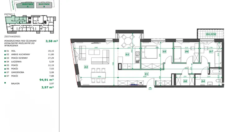 Rzut - Mieszkanie na sprzedaż 3 pokoje o powierzchni 98,54 m² - numer A.3.7 w Apartamenty Pszczyńska