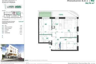 Rzut - Mieszkanie na sprzedaż 3 pokoje o powierzchni 56,11 m² - numer B.0.1 w Apartamenty Pszczyńska