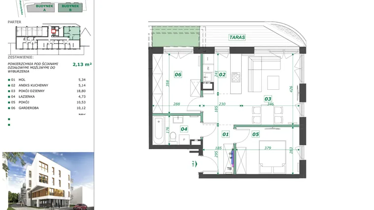 Rzut - Mieszkanie na sprzedaż 3 pokoje o powierzchni 56,11 m² - numer B.0.1 w Apartamenty Pszczyńska