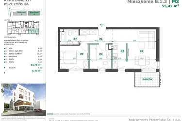 Rzut - Mieszkanie na sprzedaż 3 pokoje o powierzchni 55,58 m² - numer B.1.3 w Apartamenty Pszczyńska