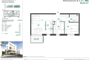 Rzut - Mieszkanie na sprzedaż 3 pokoje o powierzchni 55,45 m² - numer B.1.4 w Apartamenty Pszczyńska