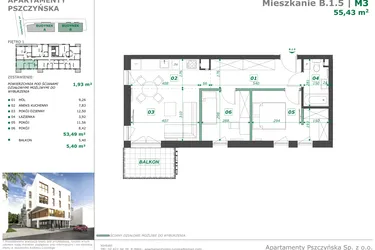 Rzut - Mieszkanie na sprzedaż 3 pokoje o powierzchni 55,46 m² - numer B.1.5 w Apartamenty Pszczyńska