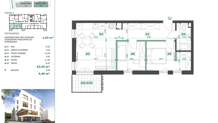 Rzut - Mieszkanie na sprzedaż 3 pokoje o powierzchni 55,46 m² - numer B.1.5 w Apartamenty Pszczyńska
