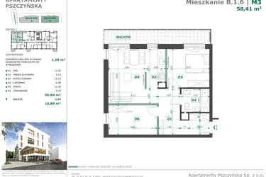 Rzut - Mieszkanie na sprzedaż 3 pokoje o powierzchni 58,56 m² - numer B.1.6 w Apartamenty Pszczyńska
