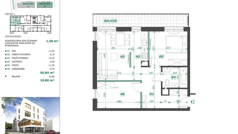 Rzut - Mieszkanie na sprzedaż 3 pokoje o powierzchni 58,56 m² - numer B.1.6 w Apartamenty Pszczyńska