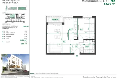 Rzut - Mieszkanie na sprzedaż 2 pokoje o powierzchni 54,49 m² - numer B.1.7 w Apartamenty Pszczyńska
