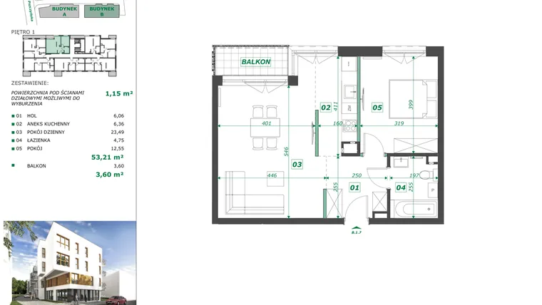 Rzut - Mieszkanie na sprzedaż 2 pokoje o powierzchni 54,49 m² - numer B.1.7 w Apartamenty Pszczyńska