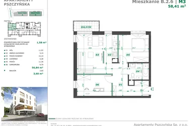 Rzut - Mieszkanie na sprzedaż 3 pokoje o powierzchni 58,4 m² - numer B.2.6 w Apartamenty Pszczyńska