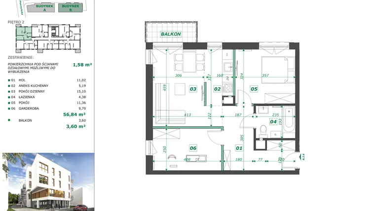 Rzut - Mieszkanie na sprzedaż 3 pokoje o powierzchni 58,4 m² - numer B.2.6 w Apartamenty Pszczyńska