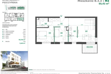 Rzut - Mieszkanie na sprzedaż 3 pokoje o powierzchni 58,33 m² - numer B.3.3 w Apartamenty Pszczyńska