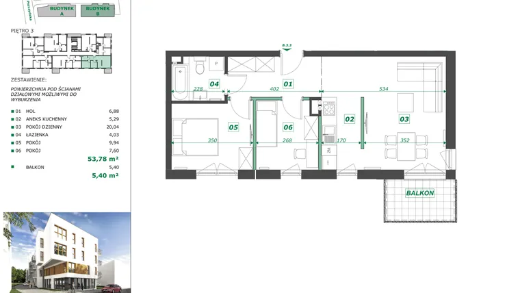 Rzut - Mieszkanie na sprzedaż 3 pokoje o powierzchni 58,33 m² - numer B.3.3 w Apartamenty Pszczyńska