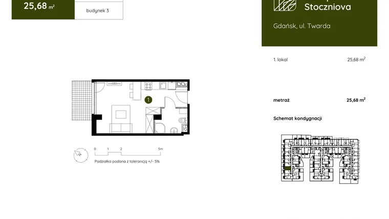 Rzut - Mieszkanie na sprzedaż 1 pokój o powierzchni 25,68 m² - numer 3.A.0.05 w Murapol Stoczniova