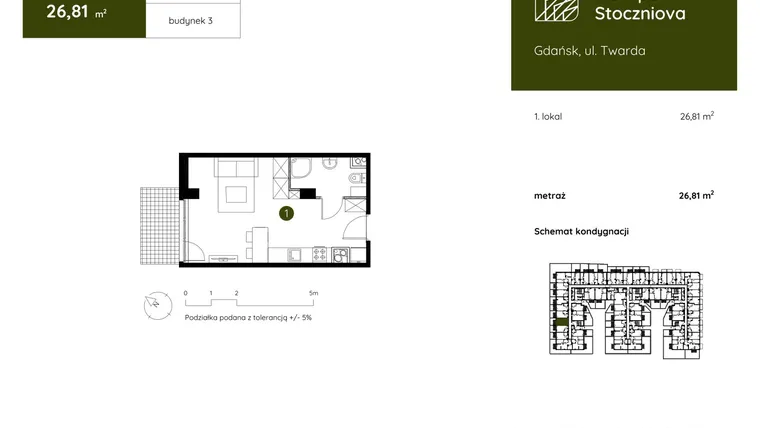 Rzut - Mieszkanie na sprzedaż 1 pokój o powierzchni 26,81 m² - numer 3.A.0.06 w Murapol Stoczniova