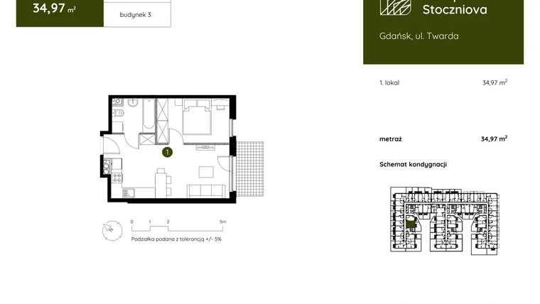 Rzut - Mieszkanie na sprzedaż 1 pokój o powierzchni 34,97 m² - numer 3.A.0.08 w Murapol Stoczniova