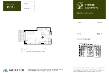 Rzut - Mieszkanie na sprzedaż 1 pokój o powierzchni 25,23 m² - numer 3.B.0.02 w Murapol Stoczniova