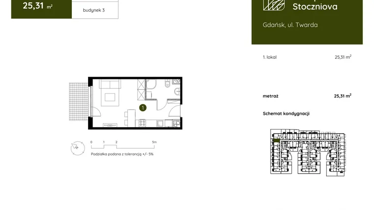 Rzut - Mieszkanie na sprzedaż 1 pokój o powierzchni 25,31 m² - numer 3.B.0.05 w Murapol Stoczniova