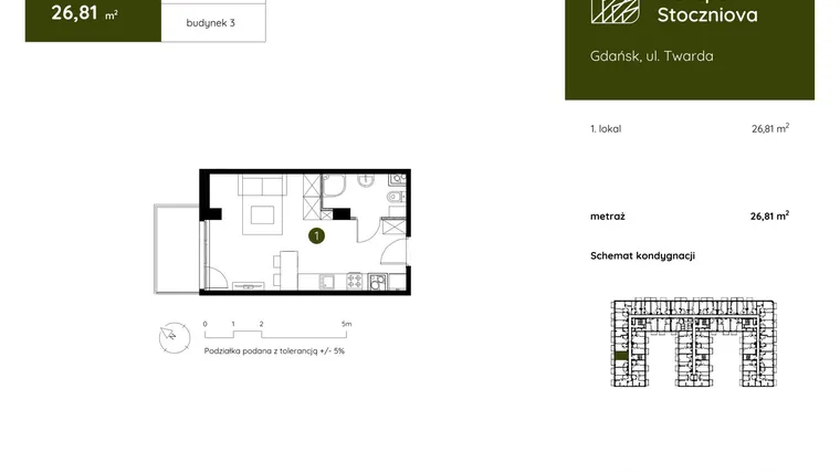 Rzut - Mieszkanie na sprzedaż 1 pokój o powierzchni 26,81 m² - numer 3.A.1.06 w Murapol Stoczniova