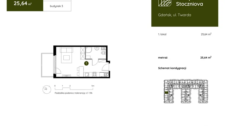 Rzut - Mieszkanie na sprzedaż 1 pokój o powierzchni 25,64 m² - numer 3.A.1.07 w Murapol Stoczniova