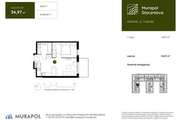 Rzut - Mieszkanie na sprzedaż 1 pokój o powierzchni 34,97 m² - numer 3.A.1.08 w Murapol Stoczniova