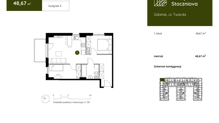 Rzut - Mieszkanie na sprzedaż 1 pokój o powierzchni 48,67 m² - numer 3.B.1.06 w Murapol Stoczniova