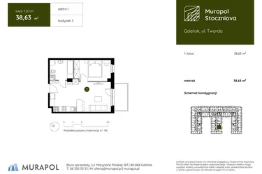 Rzut - Mieszkanie na sprzedaż 1 pokój o powierzchni 38,63 m² - numer 3.D.1.01 w Murapol Stoczniova
