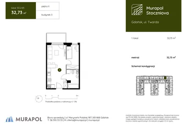 Rzut - Mieszkanie na sprzedaż 1 pokój o powierzchni 32,73 m² - numer 3.E.2.05 w Murapol Stoczniova