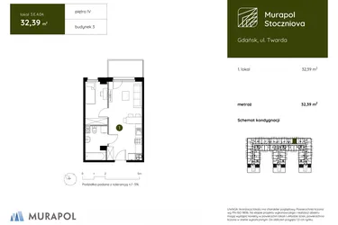 Rzut - Mieszkanie na sprzedaż 1 pokój o powierzchni 32,39 m² - numer 3.E.4.04 w Murapol Stoczniova