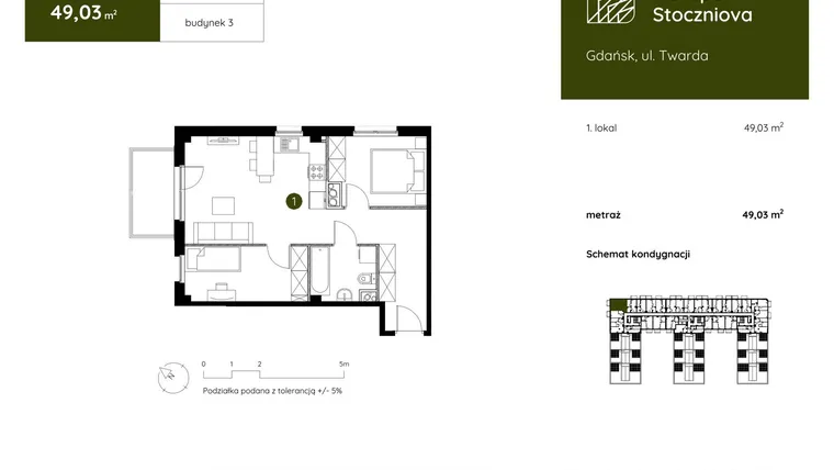 Rzut - Mieszkanie na sprzedaż 1 pokój o powierzchni 49,03 m² - numer 3.B.6.04 w Murapol Stoczniova