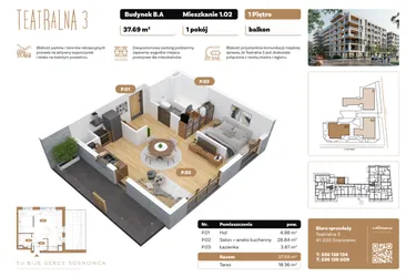 Rzut - Mieszkanie na sprzedaż 1 pokój o powierzchni 37,69 m² - numer B1.A.02 w Teatralna 3
