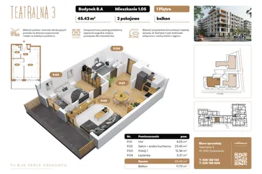 Rzut - Mieszkanie na sprzedaż 2 pokoje o powierzchni 45,43 m² - numer B1.A.05 w Teatralna 3
