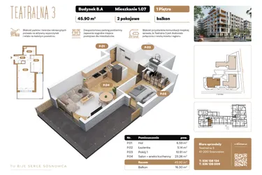 Rzut - Mieszkanie na sprzedaż 2 pokoje o powierzchni 50,53 m² - numer B1.A.07 w Teatralna 3