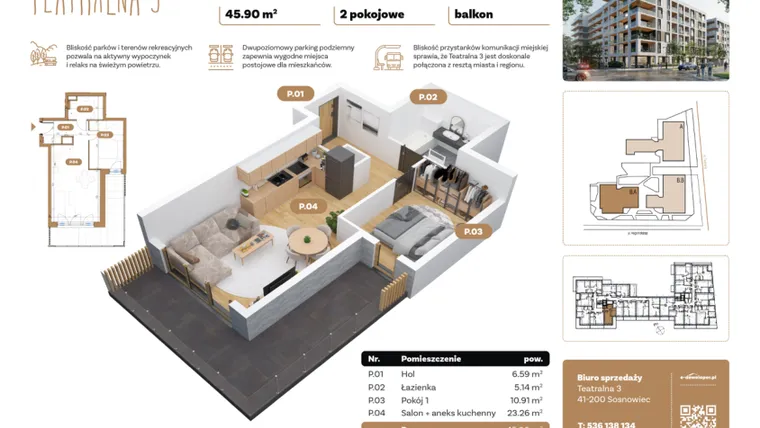 Rzut - Mieszkanie na sprzedaż 2 pokoje o powierzchni 50,53 m² - numer B1.A.07 w Teatralna 3