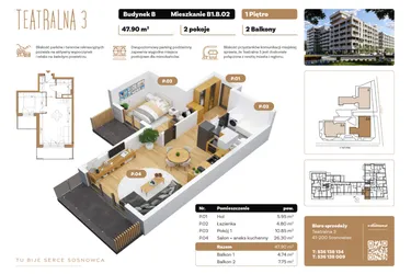 Rzut - Mieszkanie na sprzedaż 2 pokoje o powierzchni 47,9 m² - numer B1.B.02 w Teatralna 3