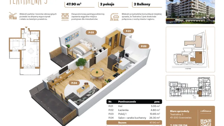 Rzut - Mieszkanie na sprzedaż 2 pokoje o powierzchni 47,9 m² - numer B1.B.02 w Teatralna 3