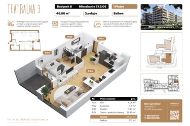 Rzut - Mieszkanie na sprzedaż 2 pokoje o powierzchni 46 m² - numer B1.B.06 w Teatralna 3