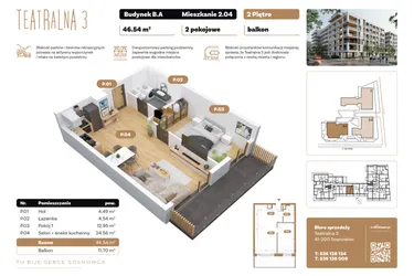 Rzut - Mieszkanie na sprzedaż 2 pokoje o powierzchni 46,54 m² - numer B2.A.04 w Teatralna 3
