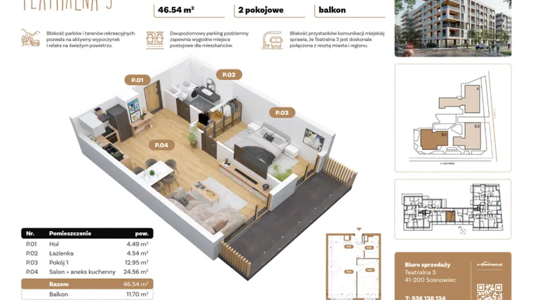 Rzut - Mieszkanie na sprzedaż 2 pokoje o powierzchni 46,54 m² - numer B2.A.04 w Teatralna 3
