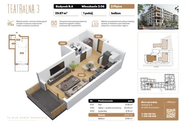 Rzut - Mieszkanie na sprzedaż 1 pokój o powierzchni 29,87 m² - numer B2.A.06 w Teatralna 3