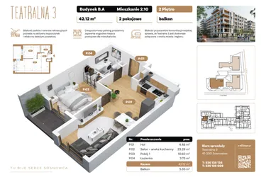 Rzut - Mieszkanie na sprzedaż 2 pokoje o powierzchni 42,12 m² - numer B2.A.10 w Teatralna 3