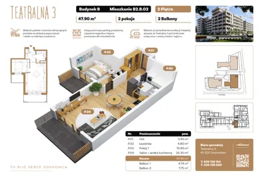 Rzut - Mieszkanie na sprzedaż 2 pokoje o powierzchni 47,9 m² - numer B2.B.02 w Teatralna 3
