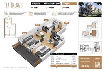 Rzut - Mieszkanie na sprzedaż 2 pokoje o powierzchni 47,31 m² - numer B2.B.03 w Teatralna 3
